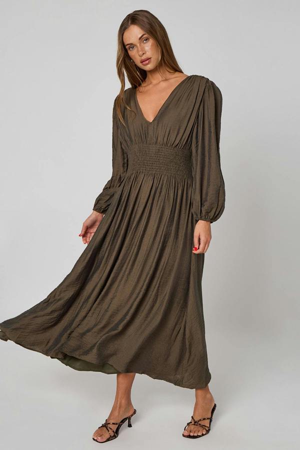 Urban Bliss Khaki Sleeved Elasticated Waist Maxi Dress