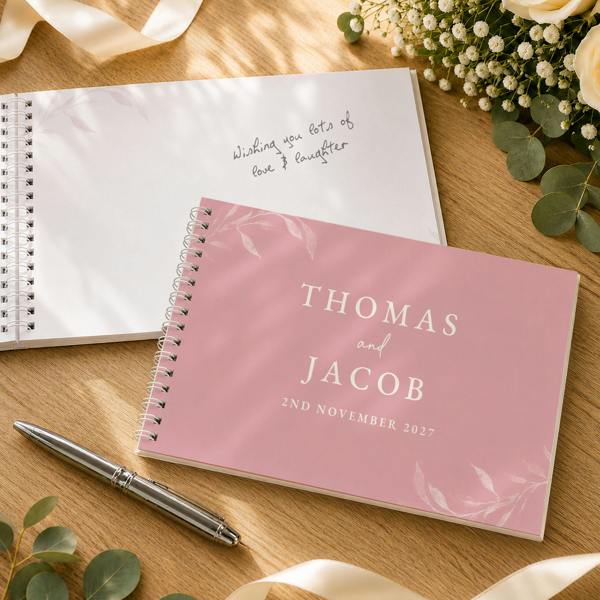 Personalised Botanical Soft Pink Wedding Guest Book shown both closed with custom cover and open with handwritten wish on wooden table by Abode Home & Gifts