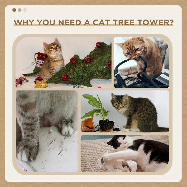 Cat tree tower display showing grey plush platforms and a sisal scratching post