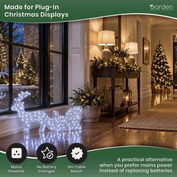 Acrylic Reindeer & Sleigh Christmas Decoration with 160 White LED Lights, Waterproof Indoor & Outdoor Display, 5m Cable