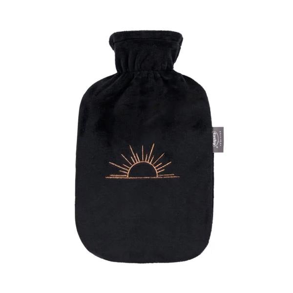 Black Fashy 2L hot water bottle with gold sunburst velvet cover