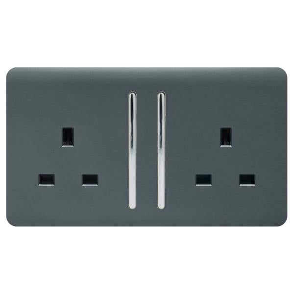Trendi Switch 2 Gang Long Switched Plug Socket in Warm Grey