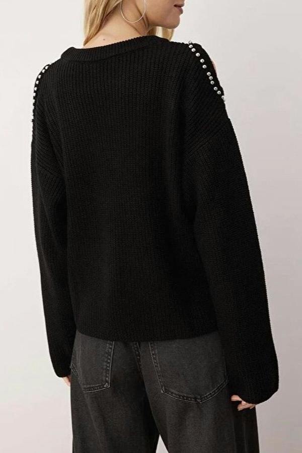 WOVCOR Pearl Embellished Knit Sweater with Shoulder Cut Out Detail