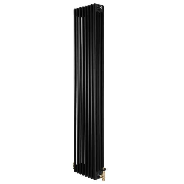 Traditional black 4 column radiator with a sleek vertical design, featuring brass valves and a smooth, matte finish