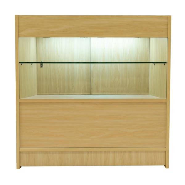 Maple wood Phoenix LED shop counter set featuring a glass shelf, illuminated interior, and sleek design for retail display