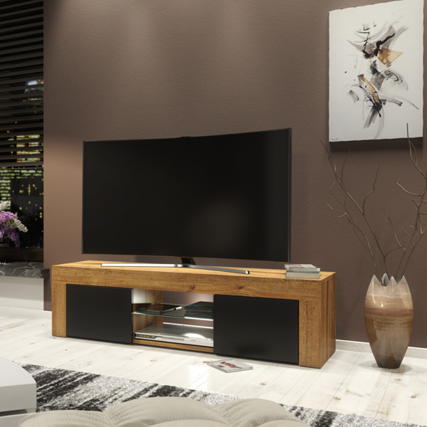 Mex Furniture 130cm Oak TV Unit Cabinet with Black Matt Doors and Free LED Lights
