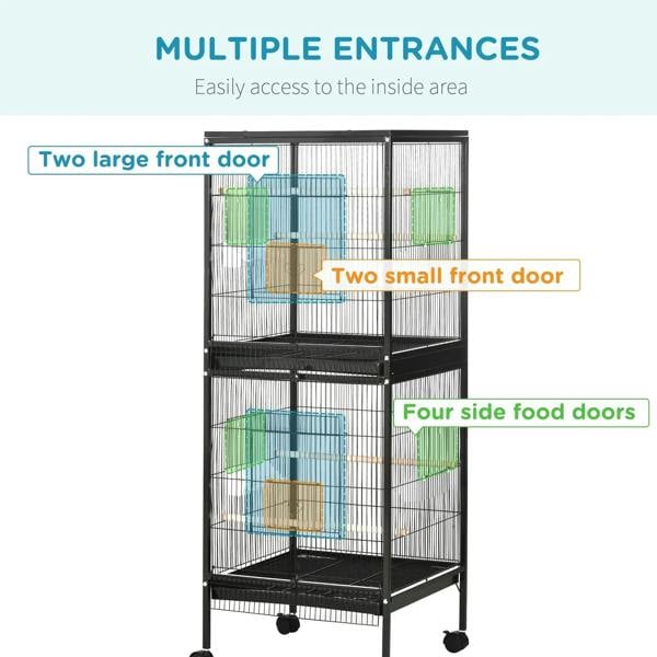 Black wire bird cage with two large front doors and four side food doors