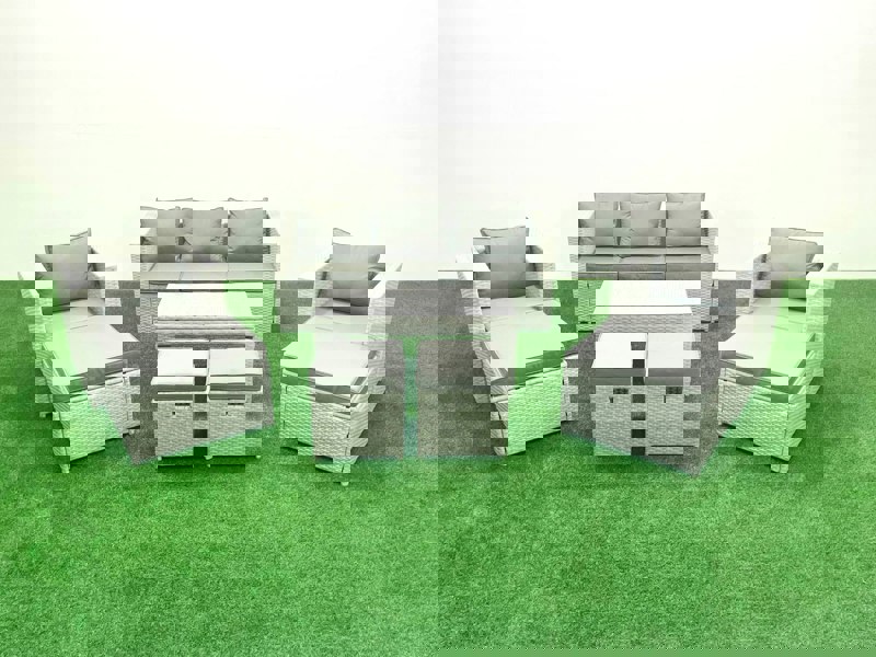 Fimous Rattan Garden Furniture Set Outdoor Lounger Sofa with Coffee Table 4 Footstools Light Grey Mixed 9 Seater