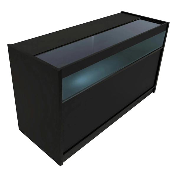 Sleek black Adonis LED shop counter set featuring a glass display top, modern design, and illuminated interior for showcasing products