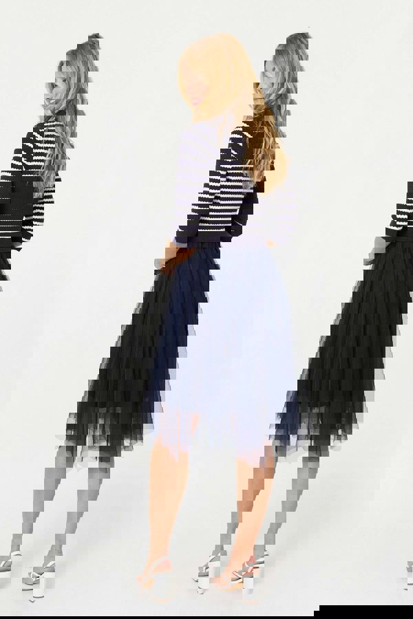 Navy | Striped Knit Mesh Hanky Hem Midi Dress
