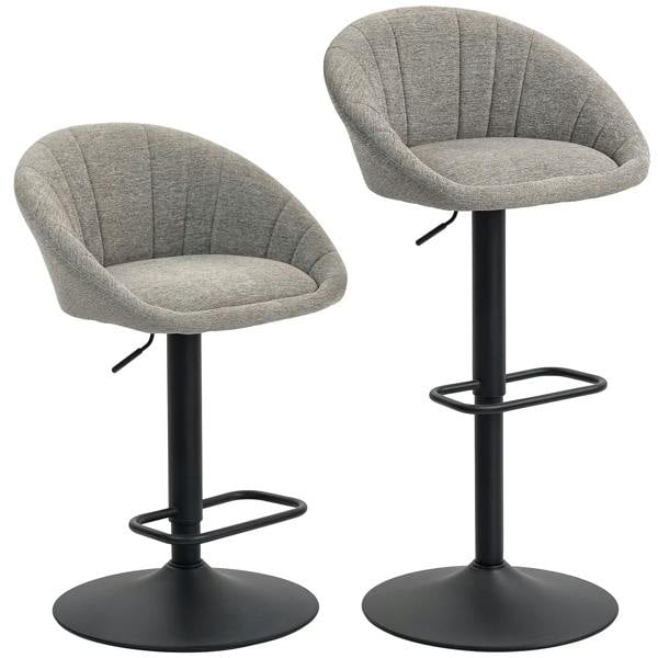 Set of two grey fabric tub bar stools with black pedestal bases and footrest rings
