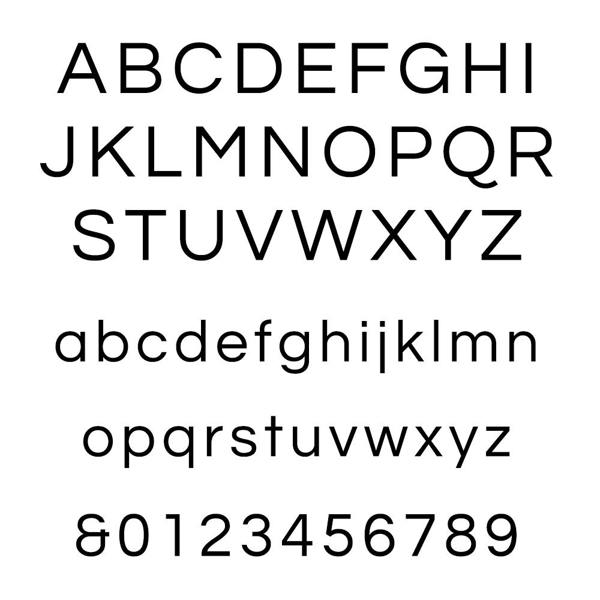 A typography reference sheet showing a clean, modern geometric sans-serif font in uppercase, lowercase, numbers, and an ampersand.