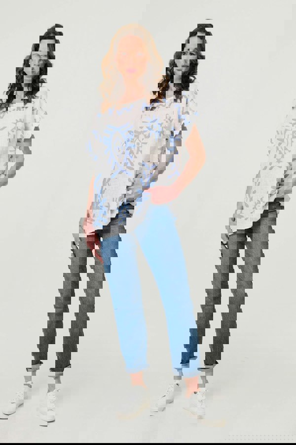 Blue | Printed Short Sleeve Relaxed Blouse
