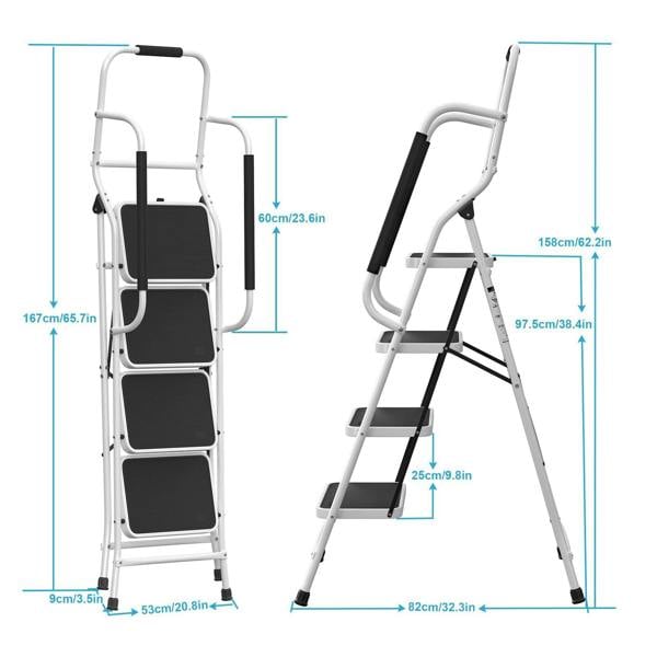 Gr8 Home 4 Step Ladder Folding Stool Non Slip Tread Steel Foldable Home DIY With Handrail