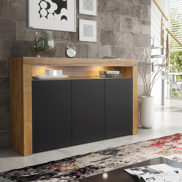 Mex Furniture Contemporary 155cm Sideboard TV Stand Cupboard Cabinet – Black Matt Doors & Free LED