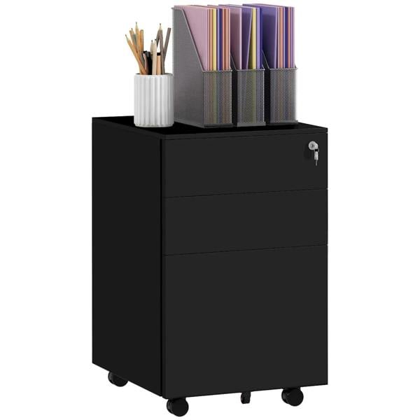 Black steel mobile filing cabinet with three drawers, lock, and caster wheels