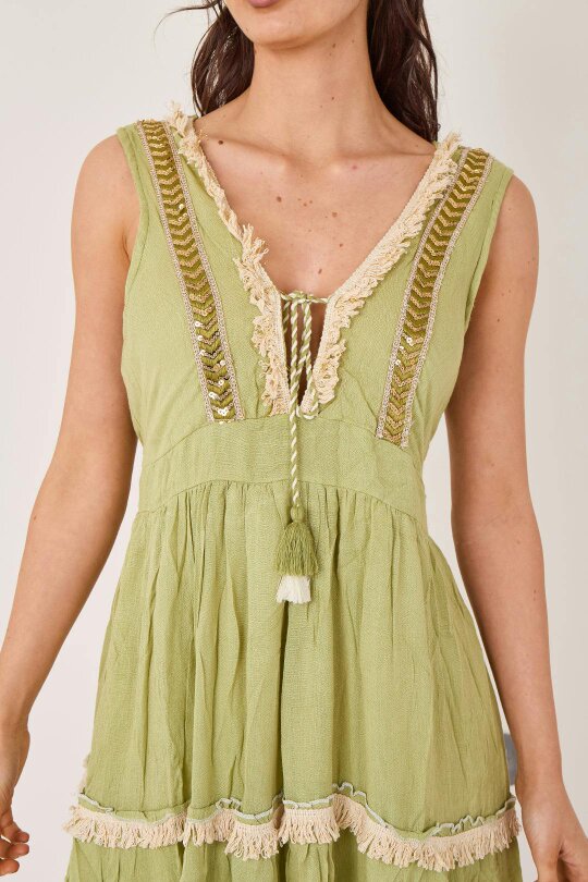 Elaina Fashion Boho Tiered Tassel Detail Dress - Pistachio Green