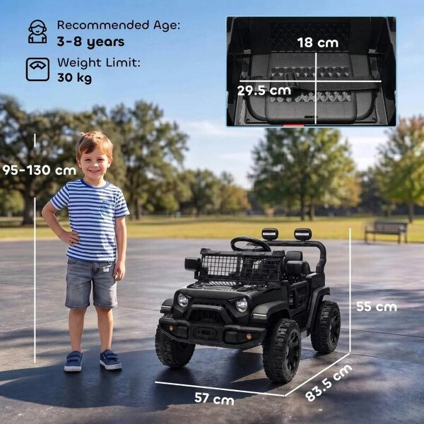 12V Electric Car for Kids with Remote, Dual Motors, Rear Suspension, Soft Start, Music, Lights for 3-8 Years, Black