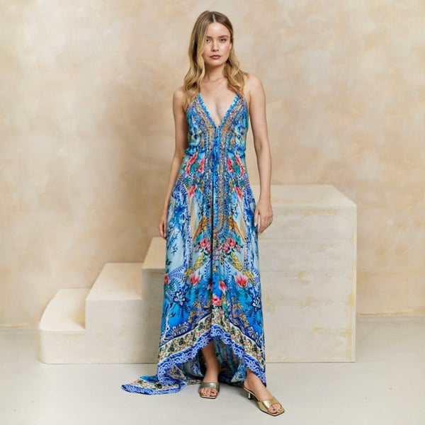 ANGELEYE Deluxe Luxurious Viscose Crepe Maxi Beach Dress in Premium Tropical Print - Blue