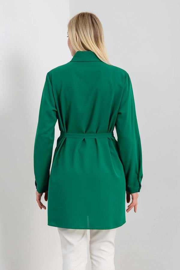 Hoxton Gal Oversized Tie Detailed Shirt Tunic with Long Sleeves in Green