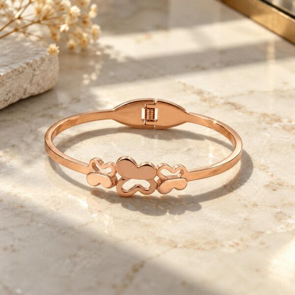 The Colourful Aura Kids Rose Gold Triple Heart Charm Non-Tarnish Bangle Bracelet