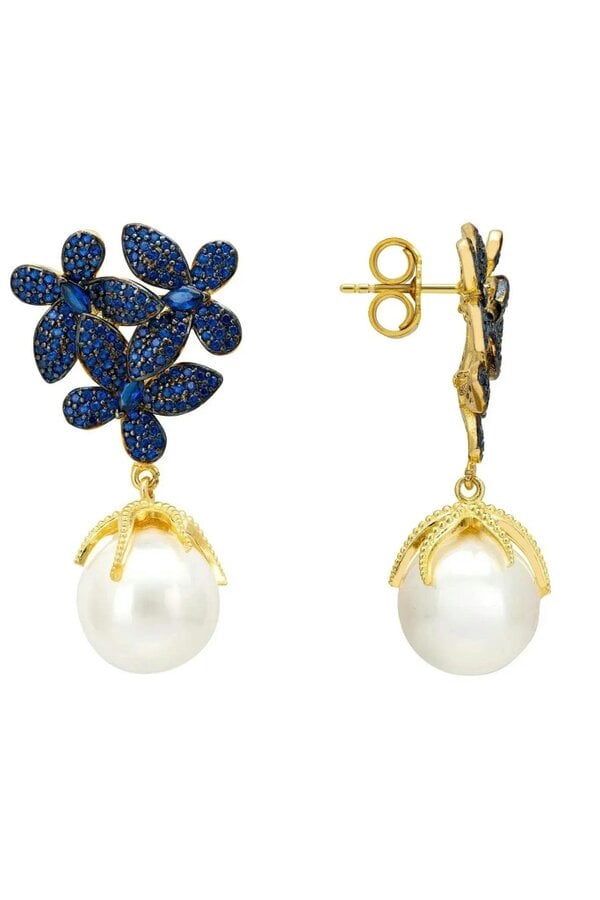 Latelita Flowers Pearl Earrings Sapphire Blue Gold
