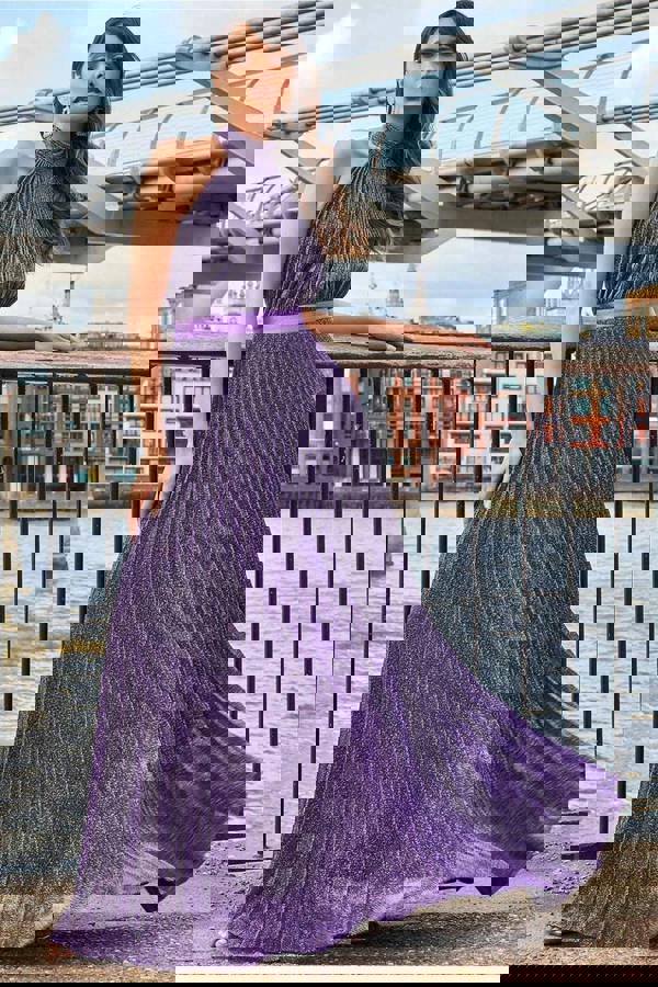 Lurex Halterneck Pleated Maxi Dress - Purple DR3429