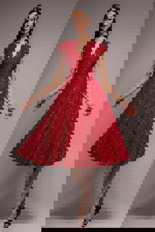 Bead Embellished Jacquard A Line Midi Dress - Red DR4795