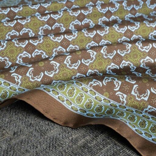 Otway & Orford 'Arabesque' tile design silk pocket square in brown, green & turquoise (42 x 42cm)