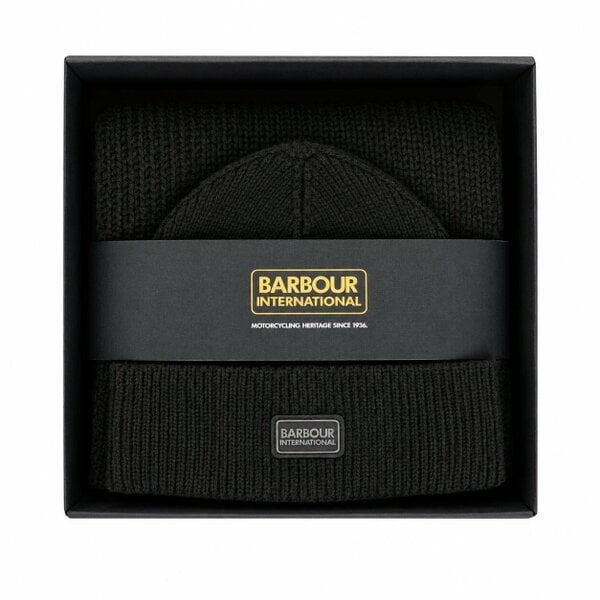 Barbour International Sweeper Legacy Beanie Hat & Scarf Gift Box Set Black