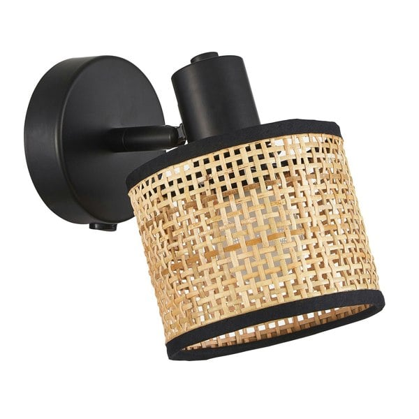 Natural Woven Rattan Switched Wall Light Fitting with Black Cotton Fabric Trim Image 2