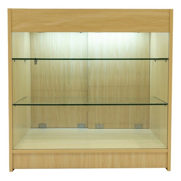 Maple LED shop counter set with two glass shelves, featuring a sleek design and warm wood finish, ideal for retail displays