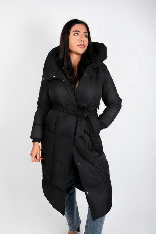 Velina Longline Puffer Coat With Belted Waist - Brown