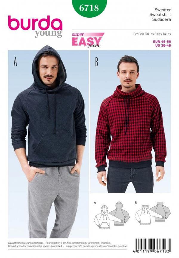 Burda Sewing Pattern 6718 Tops, Tracksuits, Sportswear and Sweaters For Men, 36 to 46 - Beginner, Easy