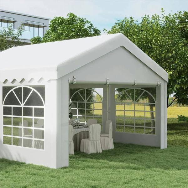 White party tent with arched windows and open double-door entry