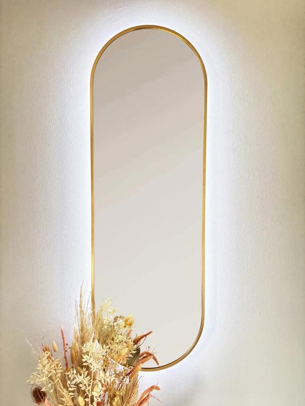 Downton Interiors LED Backlit Gold Modern Tall Metal Frame Oval Wall Mirror - 120cm