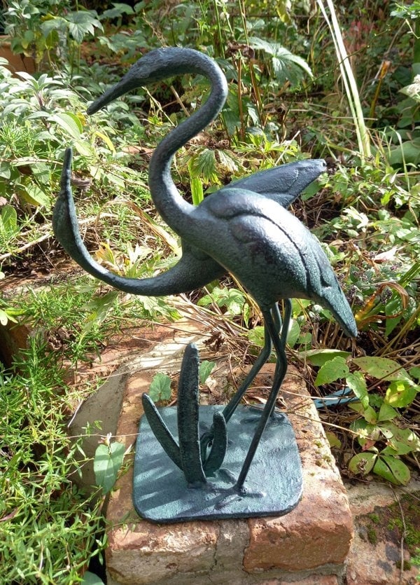 Inspirational Gifting Love Cranes Garden Sculpture Cast in Iron with Bronzed Finish