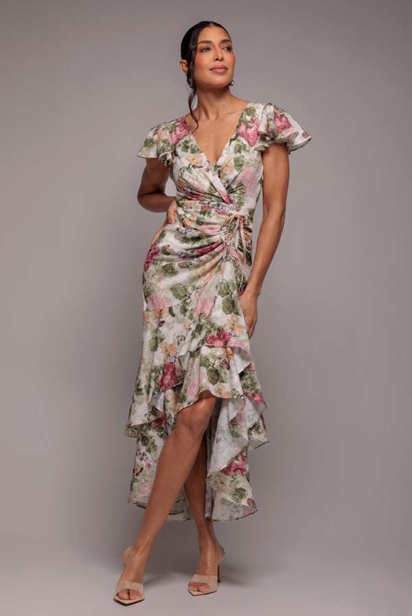 Floral Wrap High And Low Midaxi Dress - Cream DR4369