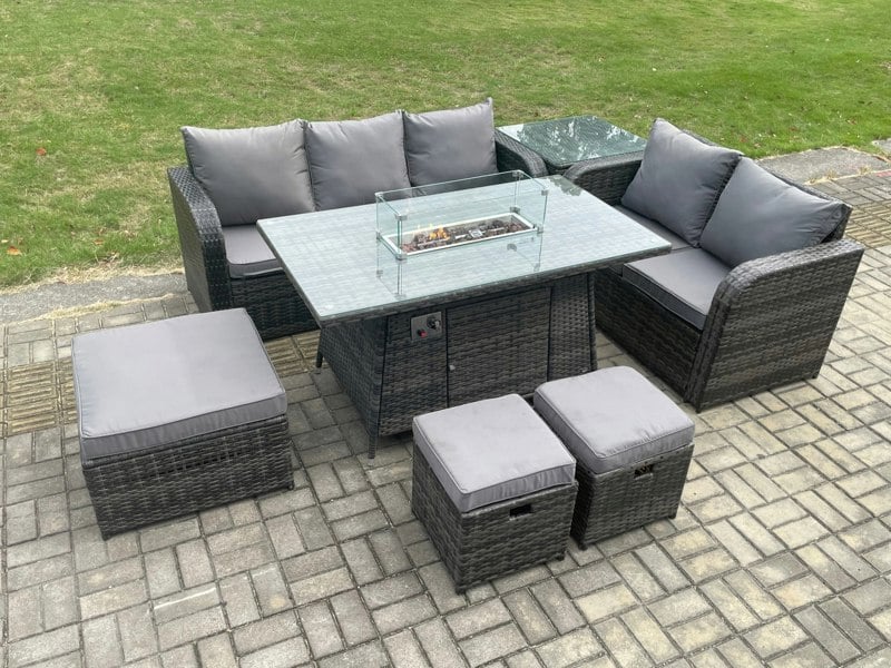 Fimous Garden Patio Furniture Wicker Rattan Gas Fire Pit Table and Sofa Chair set with Side Table 3 Footstools Dark Grey Mixed