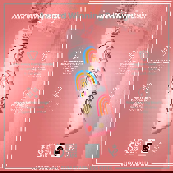 A pink, rainbow-decorated water bottle is being held. It features a hide-away handle, crevice-free design, hygiene cover, and wide mouth. Awards won in 2021 and 2024 are noted.