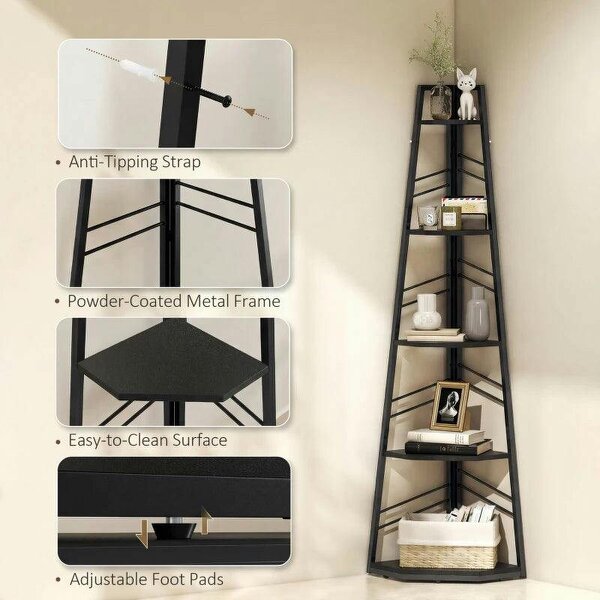 Corner Bookcase, 5-Tier Floor Standing Bookshelf, Shelving Unit for Living Room, Study, Bedroom, Black