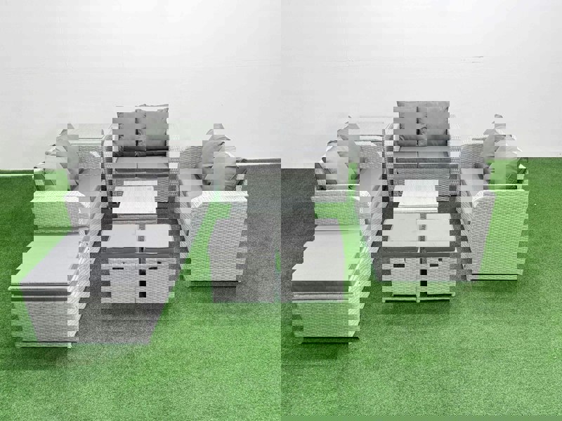 Fimous  9 Seater PE Wicker Rattan Furniture Sofa Sets with Square Coffee Table 2 Seater Love Sofa 3 Stool Side Table Light Grey