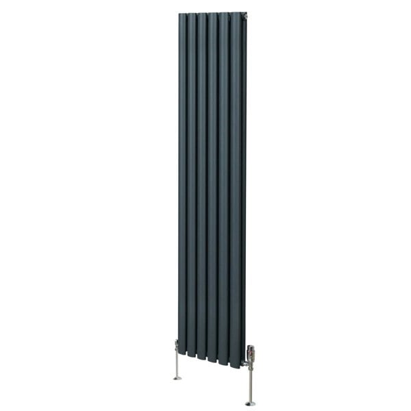 Oval column radiator in anthracite grey, 1800mm x 360mm, featuring a sleek vertical design with smooth, textured fins and valves