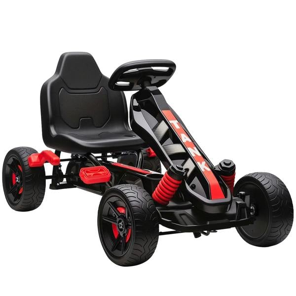 Kids red pedal go-kart with black seat and four wheels