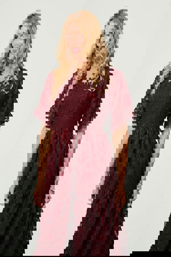 Red | Floral Lace Frill 1/2 Sleeve Midi Dress
