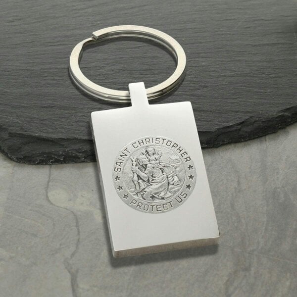 Christopher James of London Mirror Polished Rectangle St Christopher Keyring With Optional Engraving