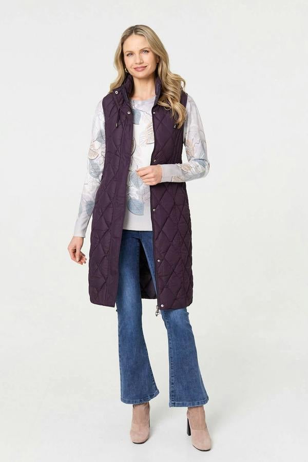 Purple | Hooded Sleeveless Longline Puffer Gilet
