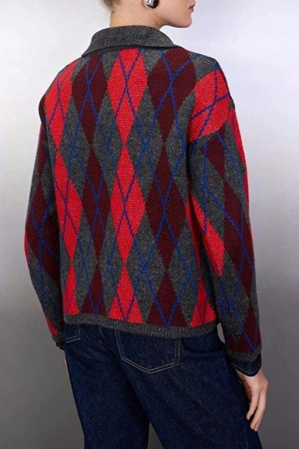 WOVCOR Patterned Polo Collar Knit Sweater