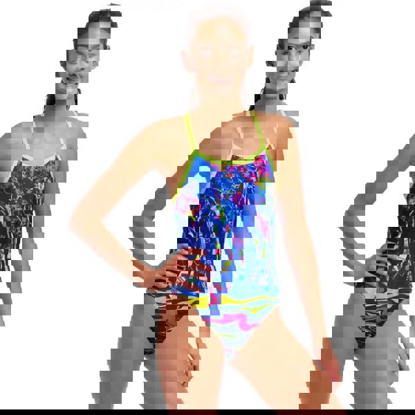 Funkita Girls Dammed Single Strap Swimsuit in blue neon with abstract design