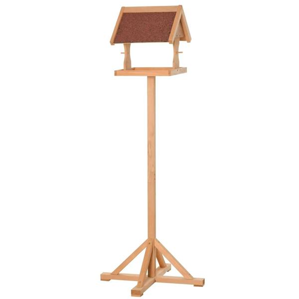 Freestanding wooden bird table feeder with slanted felt roof and stable tripod base